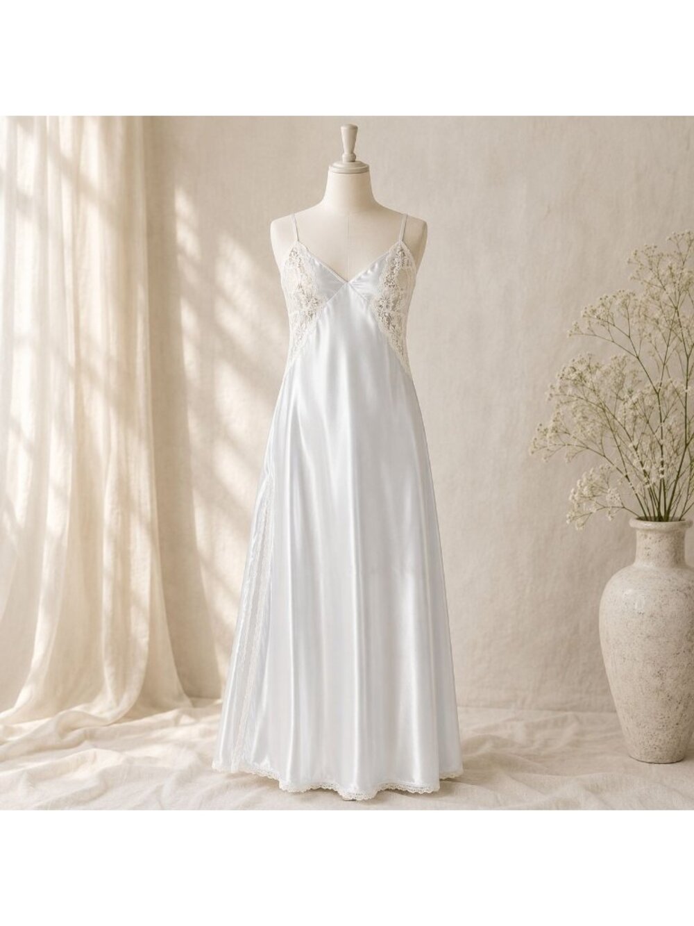 Victorias Secret White Satin Nightgown Lace Slip Gown Size XS VTG Maxi Bridal